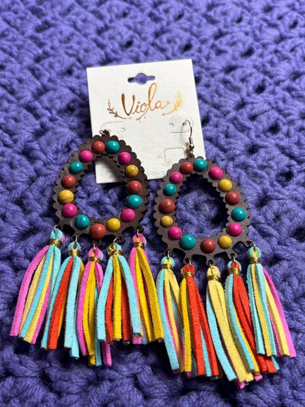 Viola Festival Dangle Earrings Wooden Teardrop Colorful Cabochon Tassels 4" New